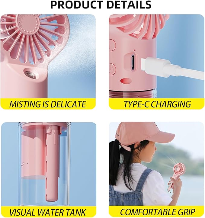 3 Pack Misting Fan Portable - Handheld Mini Rechargeable with 4 Speeds & Water Mist - Ideal for Travel, Camping, Outdoor, Home, Office, Makeup,Commute