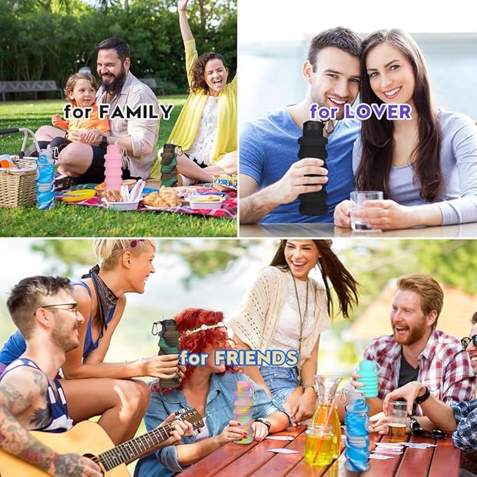 Collapsible water bottles 2 Pack with brush,BPA Free Travel Silicone Water Bottle with Carabiner,Reusable Foldable Portable Lightweight Sports bottles for Gym Camping Hiking (Camo pink+blue)