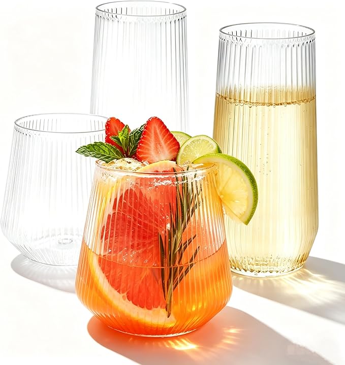 48 Pack Plastic Glasses – 24 x 9oz Stemless Champagne Flutes & 24 x 12oz Stemless Wine Glasses – Elegant Disposable Shatterproof Cup – BPA-Free Drinkware for Weddings, Parties (Clear Ribbed)