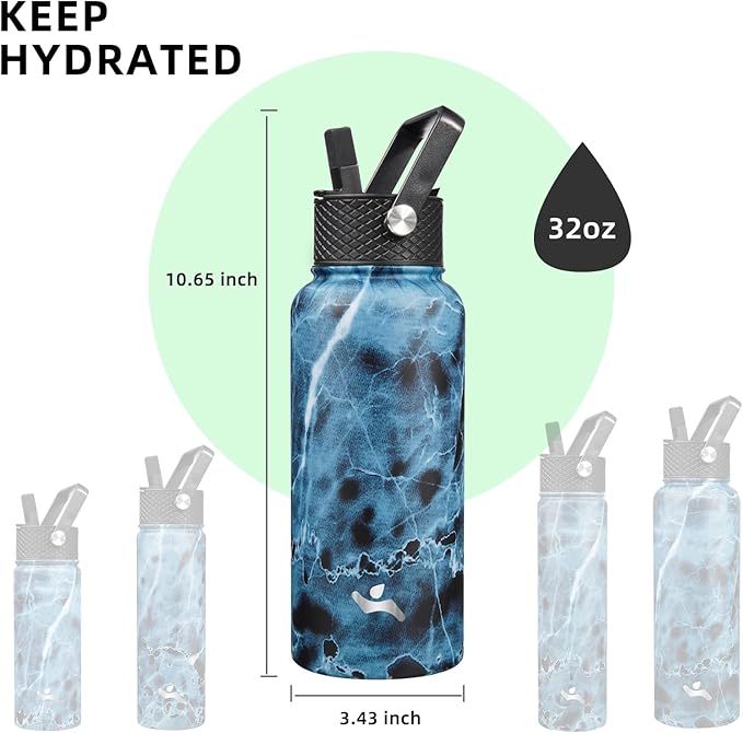 Konokyo 32 oz Insulated Water Bottle Stainless Steel Sport Bottles with 3 Lids,Marble Ocean