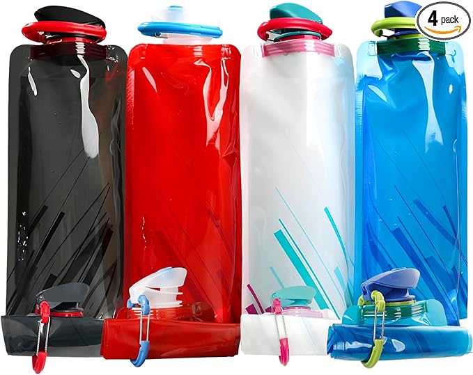 4 Pack 700 ml Collapsible Water Bottle,Portable Leakproof Bag for Drinking Foldable Flat Water Bottles for Camping Traveling Biking Hiking