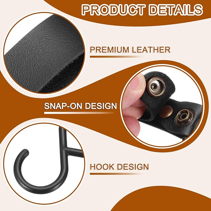 uxcell 5pcs PU Leather Hooks, S-Shape Hooks for Outdoor Camping Hanging Pots Pans Utensils Black