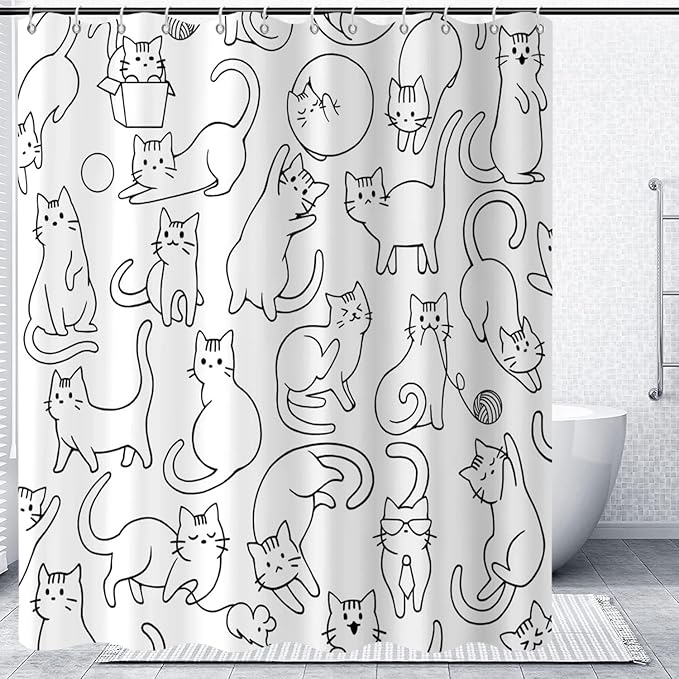 Cat Shower Curtain, Black and White Funny Cats Cute Sketching Kitten with Different Postures Bathroom Curtain Waterproof Fabric Machine Washable with Hooks, 72" Wx96 L