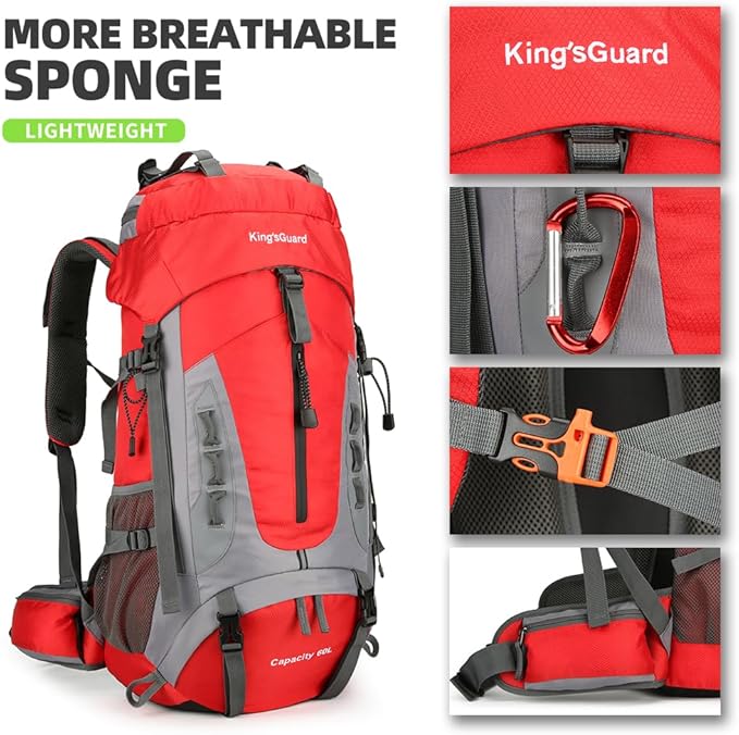 King'sGuard 60L Hiking Backpack for Men and Women Lightweight Camping Hiking Backpack with Rain Cover Large Waterproof Travel Backpack Backpacking Pack (Red)