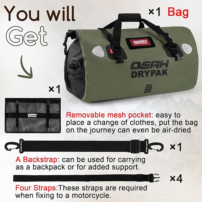OSAH DRYPAK Waterproof Duffel Bag - Motorcycle Dry Bag Tail Bag with Large Storage Space, Waterproof Luggage Duffle Bags with Outer Mesh Zipper Pocket for Camping, Kayaking, Fishing & Traveling