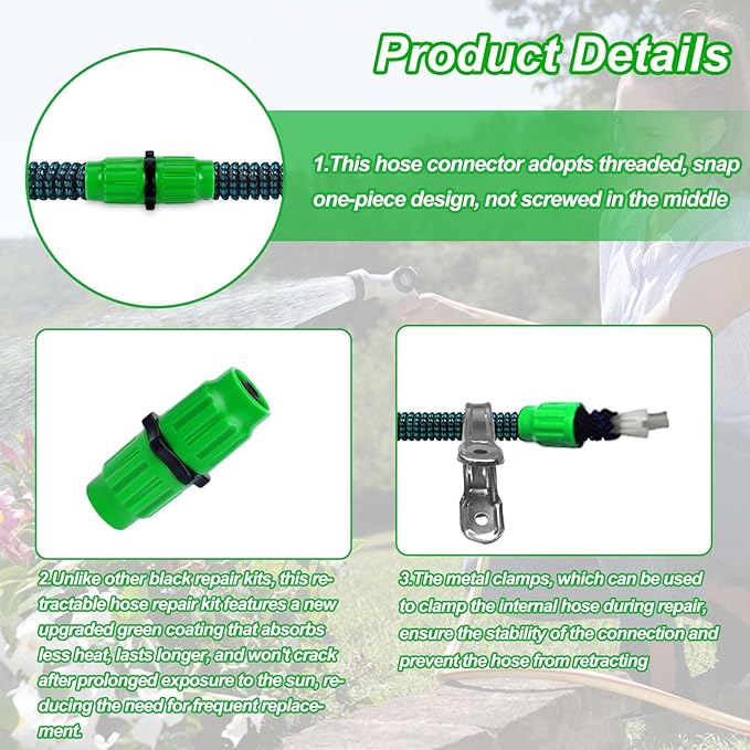 Vodolo Expandable Garden Hose Repair Kit,8 PCS Dual-Channel Hose Female Male Connectors Accessories with Metal Clamp Compatible with Pocket Hose Fit for 3/4" or 5/8" Garden Hose Fitting