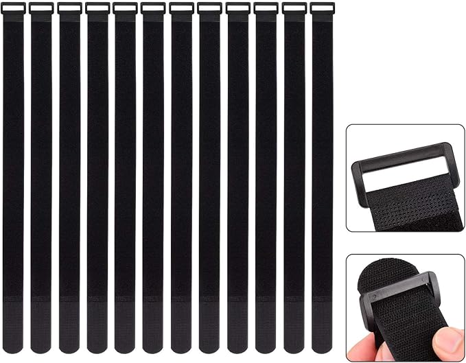 1.5 x 24 Inch Hook and Loop Cable Tie, 12 Pack Heavy Duty Adjustable Fastening Adhesive Cinch Strap with Plastic D-ring Buckle, Multi-Purpose Reusable Cord Organizer by Cacturism
