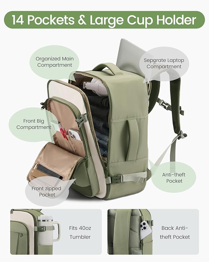 LOVEVOOK 40L Travel Backpack for Women & Men, Airline Approved Carry On Backpack, TSA Personal Item Bag fits 17.3 Inch Laptop, Waterproof Weekender Overnight Bags Suitcase for Work, Pink-Beige-Brown