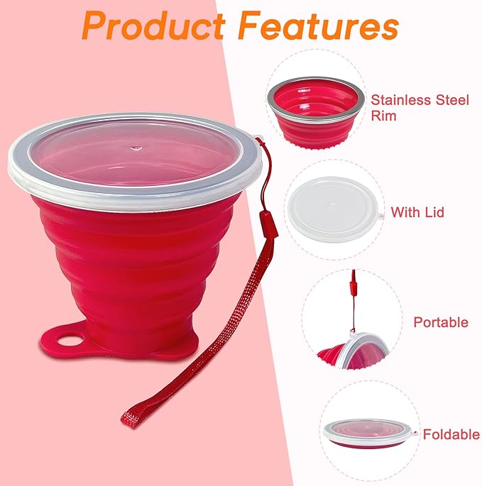 4-Pack Collapsible Silicone Cups with Lids, 9.22oz Portable Travel Drinking Cup with Stainless Steel Rim, 0.59" Thin Foldable Design for Theme Parks, Hiking, and Daily Use