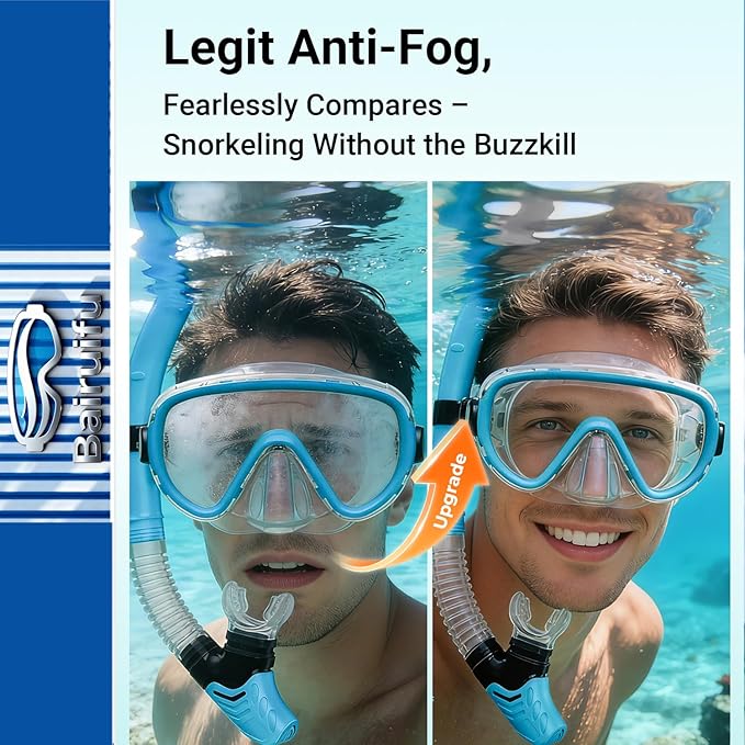 Bairuifu 2-Pack Snorkel Gear for Adults | Enhanced Anti-Fog & Anti-Leak Snorkeling Mask | Breath-Free Dry Snorkel | 180° Panoramic View with Quick-Dry Bags