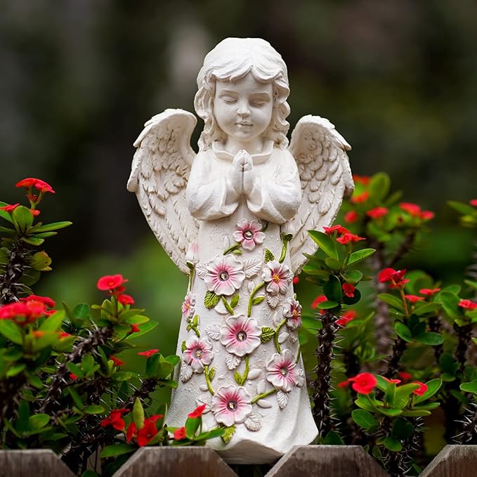 Nacome Garden Outdoor Statues Angel with Succulent and 7 LED Lights – Lawn Decor for Patio, Balcony, Yard Ornament for Mom Grandma Women