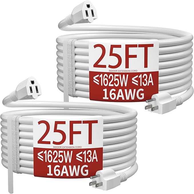 16/3 Indoor Extension Cord 25 FT 2 Pack, White Extension Cord Flexible & Durable, 3 Prong Power Cable, Suitable for Home and Office, 13 Amp 1625 Watt 125VAC 16AWG, ETL Listed