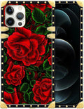 Compatible with iPhone 12 Pro Max Case, Vector Red Rose Green Leaf Luxury Golden Decoration for Girl Women Soft TPU Shockproof Protective Hard PC Back for iPhone 12 Pro Max