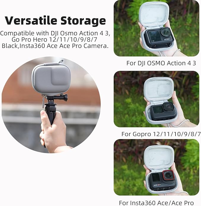 Carrying Case for DJI Osmo Action 5 Pro/4/3, Small Storage Bag for GoPro, PU Hard Travel Protector Case for Insta360 Ace/Ace Pro/2 with Wrist Strap & Carabiner Protective Accessories(Grey)