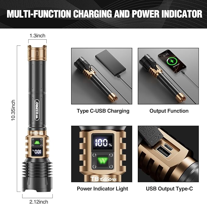 WdtPro Rechargeable LED Flashlights High Lumens, Super Bright 90000LM Rechargeable Flashlight with LCD Display, 5 Modes & Waterproof Powerful 10000mAh Handheld Flashlight for Camping Emergency Gold