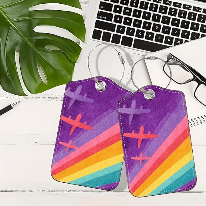 2Pcs Retro Airplane Luggage Tags for Suitcases, 2.83x4.53 Vintage Rainbow ID Labels with Privacy Cover, Aesthetic Travel Bag Tags for Backpacks, Graduation Gift for Pilot Flyers, Set of 2