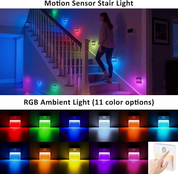 Guankai 3 Pack Motion Sensor Stair Light for Indoor, Rechargeable Battery Operated Closet Lights, RGBW Stick On Night Lamp, Motion Activated Magnetic Lighting Lamps for Step, Cabinet,Hallway,Bathroom