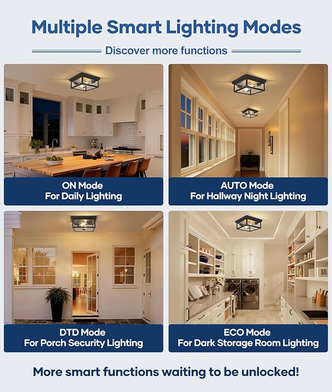 Motion Sensor Outdoor Ceiling Light with Remote, 12.2 Inch Black Flush Mount Porch Light Fixture with United Glass Cover, 5 Modes Outside Flush Mount Light for Porch, Garage, Patio, Entryway