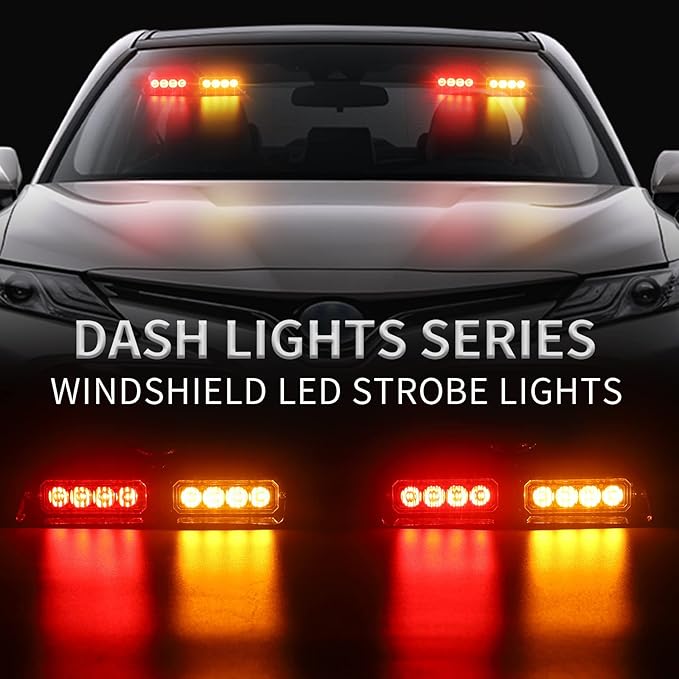 XRIDONSEN 2 in 1 Dash Emergency Strobe Lights Interior Windshield Lights Red Amber Warning Safety Flash Law Enforcement w/Suction Cups for Volunteer Police Vehicles, Trucks (2×7.16 inch, 16 LED)