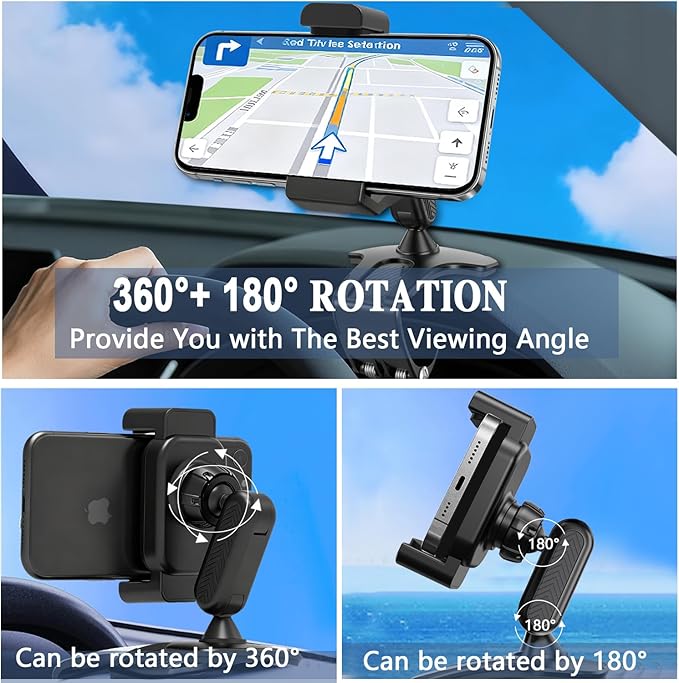 Universal 360 Dashboard Phone Holder, Easily Adjustable No-harm Clip Design Phone Mount for Car Compatible with All 4-7 Inch Smartphones