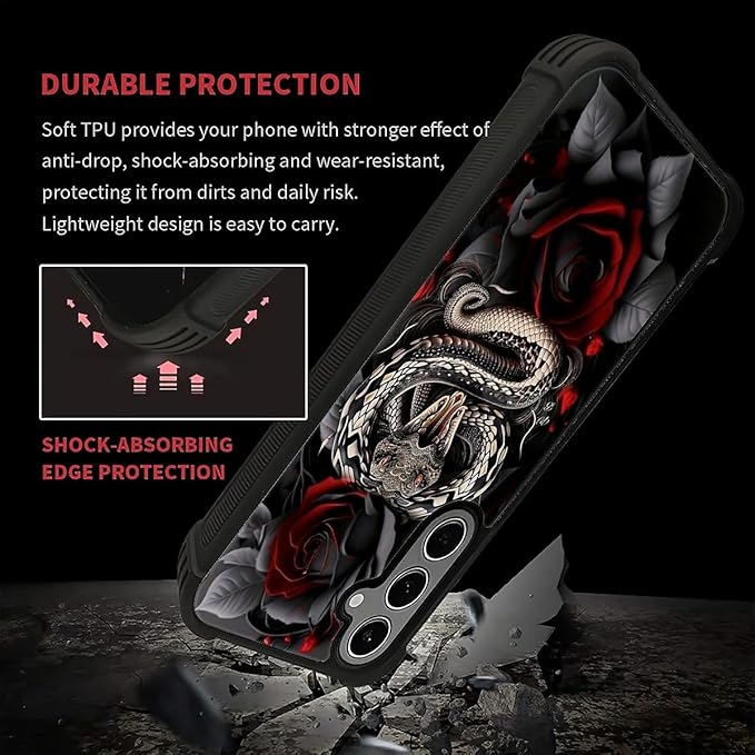 for Samsung Galaxy S24 S25 Plus Case, Entwined Rose Snake Pattern Graphic Design Girl Boy Soft Silicone Hard Acrylic Shock Protection for Samsung Galaxy S24 S25 Plus
