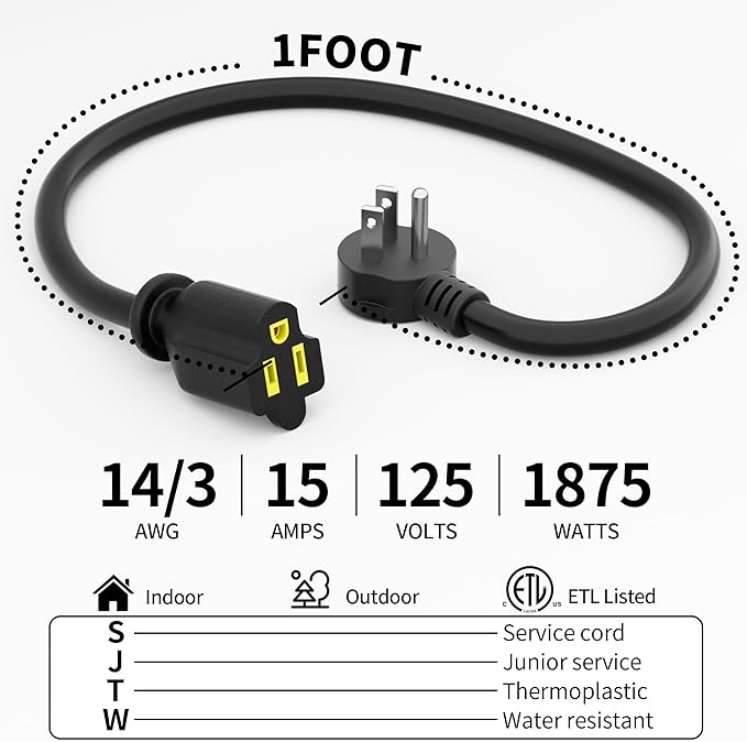 Vockjour 1 FT 3 Pack Black Short Low Profile Flat Plug 14 Gauge Heavy Duty Extension Cord, 14AWG 3-Wire Grounded Appliance Extension Cord, 15A/125V/1875W SJTW ETL Listed Power Cord