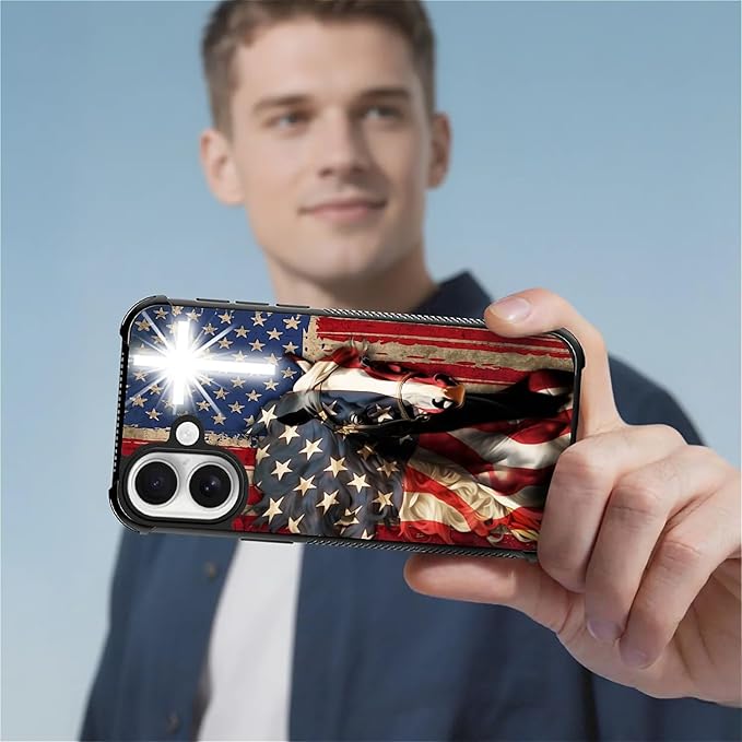 for iPhone 17 Case,for MagSafe Graphic Design for Girl Boy Soft Silicone Hard Acrylic Shock Protection Designed for iPhone 17 Red American Flag Horse Cross Pattern
