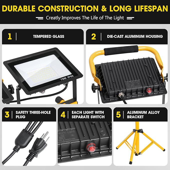 Zetunlo 21000Lumen LED Work Lights with Stand - 3 Head Portable Work Light with 16FT Cord - IP66 Waterproof Tripod Worklights for Outdoor Indoor Job Site Workshop Garage Construction Site Lighting