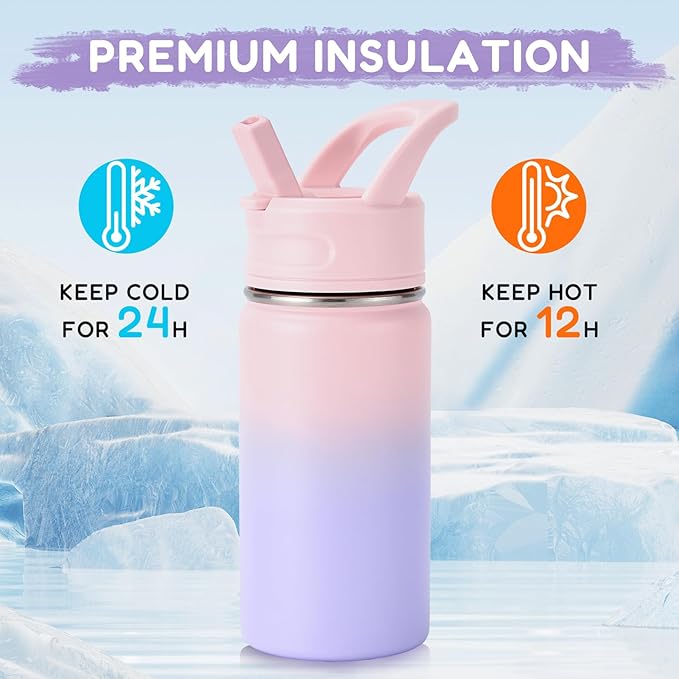 Fijinhom 12oz Water Bottle for School, Water Bottles with Straws, Insulated Water Bottles, Stainless Steel Vacuum Insulated Bottle, Leak-Proof, BPA-Free, Candy Couple