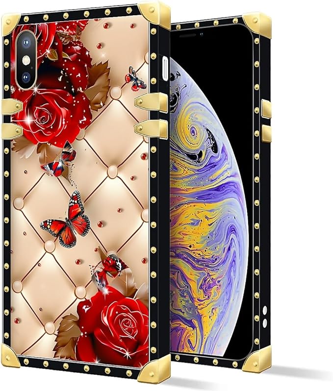 Compatible with iPhone Xs Max Case, Shining Red Rose Butterfly Leather Background Luxury Golden Decoration for Girl Women Soft TPU Shockproof Protective Hard PC Back for iPhone Xs Max