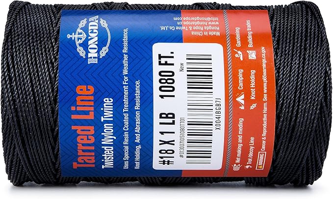HONGDA Tarred Twine, 1080 Feet Nylon Twine #18 Bank Line-Black Nylon String 1.5mm, Black Strong Twisted Seine Rope Ideal for Gardening, Construction, Gear Tying, Jungle Survival
