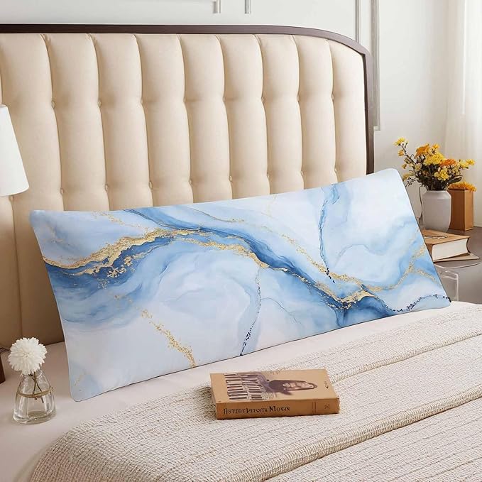 Couch Pillows Decorative Body Pillow Cover Marble, Abstract Marble Blue Gold Veins Rectangle Body Pillowcase for Men Women, Body Pillow Covers 20" X 54" Cushion Cases for Sofa Bed