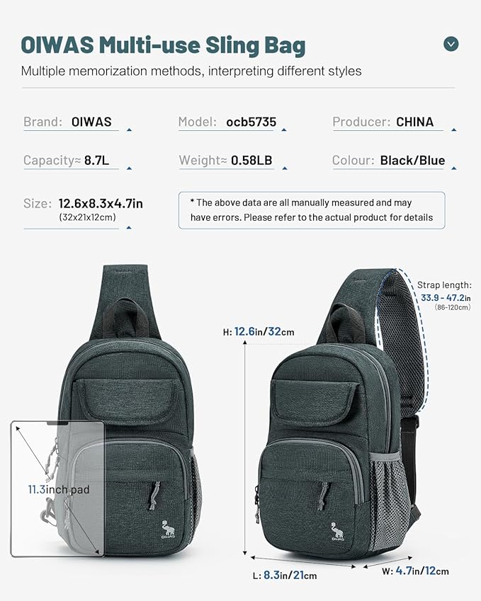 OIWAS Sling Bag Crossbody Backpack for Men, One Strap Backpack Hiking Daypack Chest Bag for Women