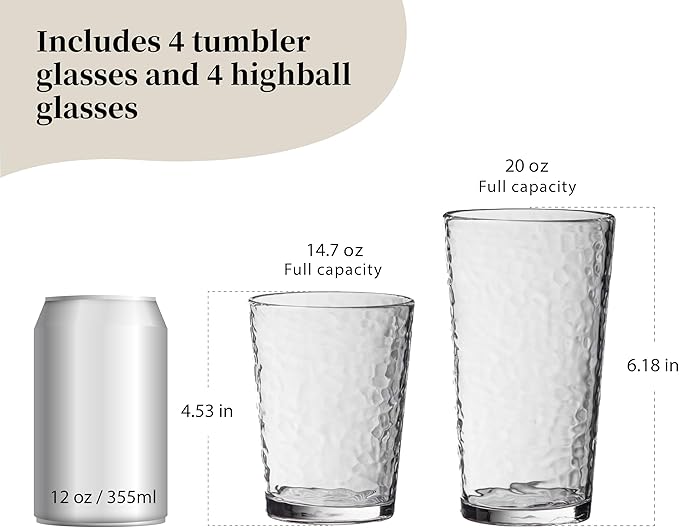 KLIFA- NICE- 14.7 & 20 ounce, Set of 8, Acrylic Tumbler & Highball Drinking Glasses Set, BPA-Free, Stackable Plastic Drinkware, Dishwasher Safe Cups, Clear