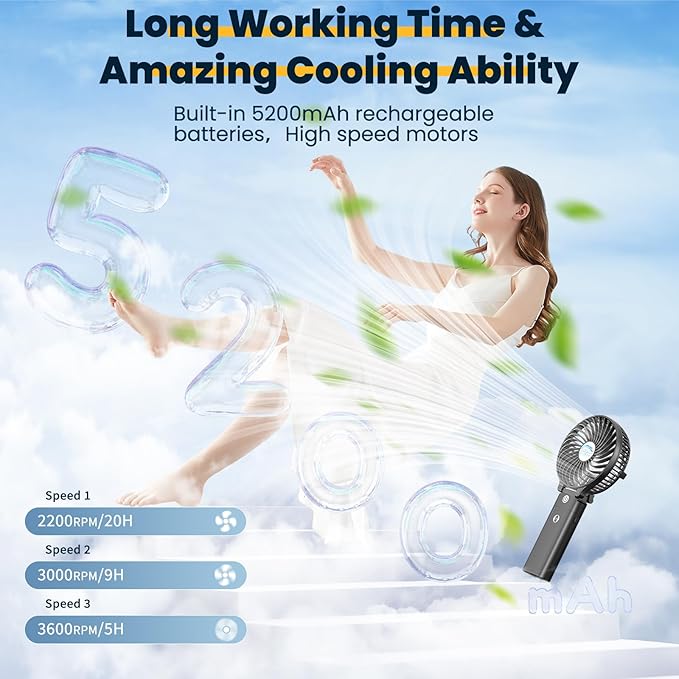 HandFan 5200mAh Portable Handheld Fan, Personal Hand Held Fan USB Rechargeable, 180° Foldable,3 Speeds Strong Airflow Cooling Fan for Travel/Outdoors/Beach/Concerts/Disney/Games/Picnics/Park (Black)