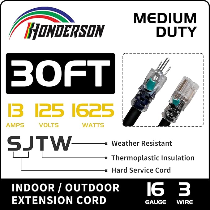 Indoor Outdoor Extension Cord Weatherproof with Lighted End, UL Listed, 16 Gauge 30FT Black 3 Prong Heavy Duty, 16/3 SJTW 13A Power Cord for Outdoor Lights, Lawn
