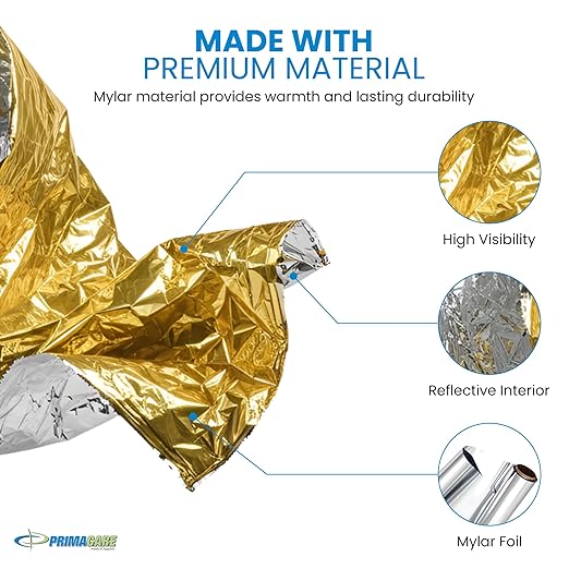 Primacare FB-6831 Emergency Mylar Thermal Blankets – 10 Pack, 62" x 82", Gold – Reflective, Waterproof, Retains 90% Body Heat – for Survival, First Aid, Outdoors, Camping, EMS