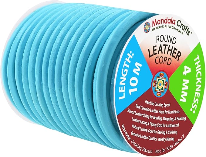 Mandala Crafts Round Genuine Turquoise Leather Cord for Jewelry Making – 4mm Cowhide Leather Rope String Lace for Kumihimo – 11 Yards Cowhide Craft Cording Spool