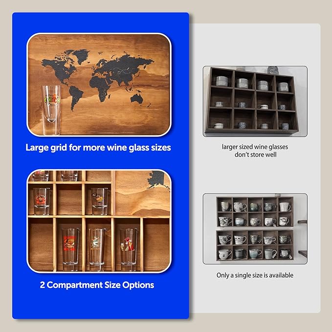 Large Shot Glass Display Case with World Map,60 Slots, 34 X 26 Inch Rustic Wood Shot Glass Display Cabinet for 2 Size -In Rooms Bars Wine Cellars with Shot Glasses Jewelry Shell & Keepsakes