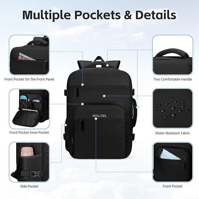 RealCool Travel Backpack for Women Men - Gift for Travelers, Students & Professionals, 15.6 Inch Laptop Carry On Backpack, TSA Flight Approved, College School Business Weekender Daypack-Black