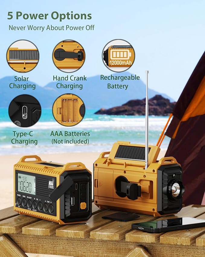 Emergency Radio,Hand Crank NOAA Weather Radio with 12000mAh Rechargeable Battery, LCD Display,Auto Alert,AM/FM/Shortwave,SOS,USB Charging Port,Flashlight,Portable Solar Radio for Power Outage/Survival