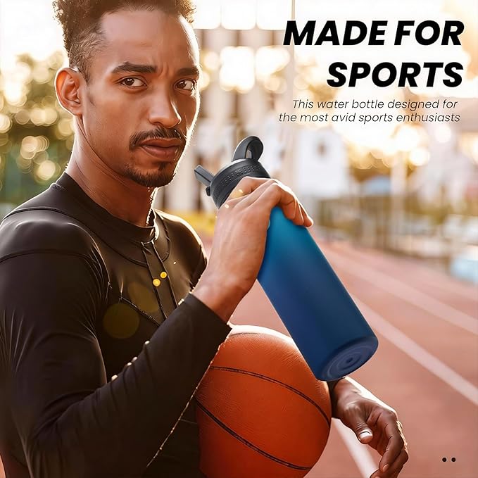 COKTIK 22oz Sports Water Bottle, Stainless Steel Water Bottle for Insulated, Reusable Travel Bottle, With Straw, With Handle Grip for Easy Carrying, Suitable for Cycling, Outdoor Vacations(Dark Night)