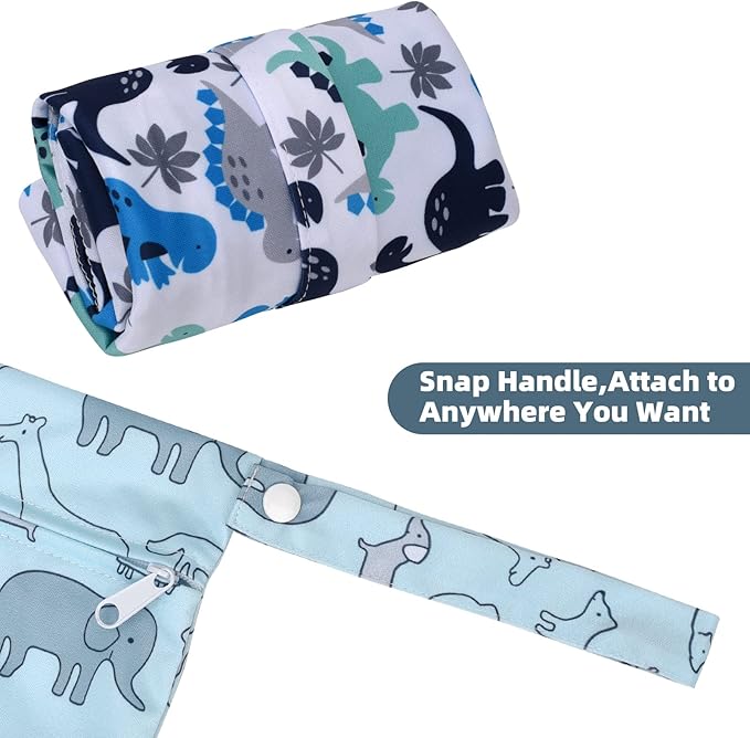 Waterproof Wet Dry Bag 2-Pack - Beach Swimming Travel Organizer for Baby Cloth Diapers, Swimwear & Gym Clothes, Leak-Proof with Dual Zippers-Cute Animal,Dinosaur