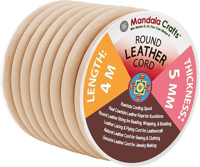 Mandala Crafts Round Genuine Beige Leather Cord for Jewelry Making – 5mm Cowhide Leather Rope String Lace for Kumihimo – 4.4 Yards Cowhide Craft Cording Spool