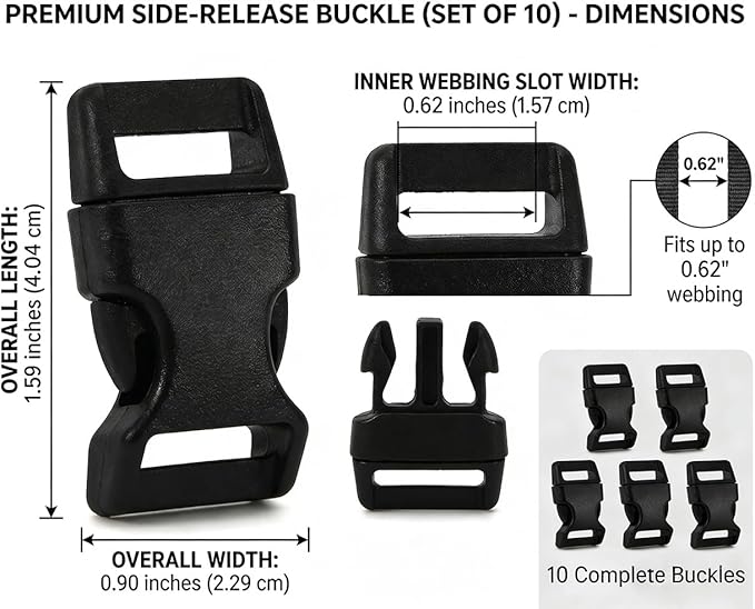 5/8" Black Plastic Side Release Buckle Curved Quick Release for DIY Bracelets, Backpacks, Dog Collars & Tactical Gear