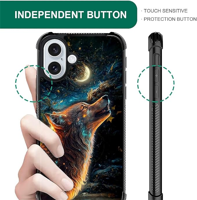 for iPhone 16 Case, Star Cave Hungry Wolf Pattern Graphic Design Girl Boy Soft Silicone Hard Acrylic Shock Protection for iPhone 16