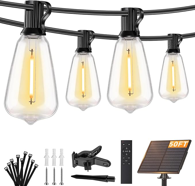 Brightever 50FT Solar String Lights Outdoor Waterproof, Patio Lights Solar Powered with Remote, 18+1 Shatterproof ST38 LED Bulbs, Dimmable&3 Lighting Modes, Hanging Outdoor Lights for Garden, Wedding