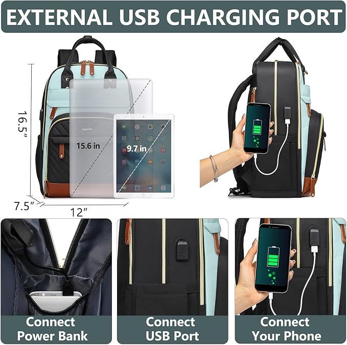 Laptop Backpack for Women Work Bookbag: 15.6 Inch College Backpacks with USB Charger School Bag Waterproof Travel Computer Back Pack Anti-Theft Casual Bookbags for Girls Teacher Nurse Black-Light-Blue