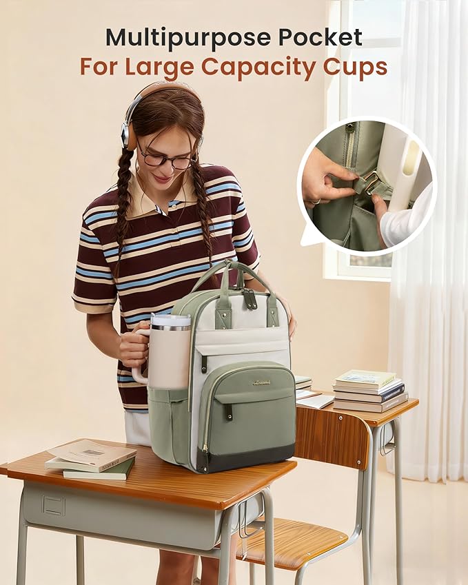 LOVEVOOK Laptop Backpack for Women with Giant Tumbler Holder Pocket,18.4 inch School College Book Bag Nurse Teacher Backpack,Work Travel Backpack Laptop Computer Bag,Pea green-Light yellow-Burlap blue