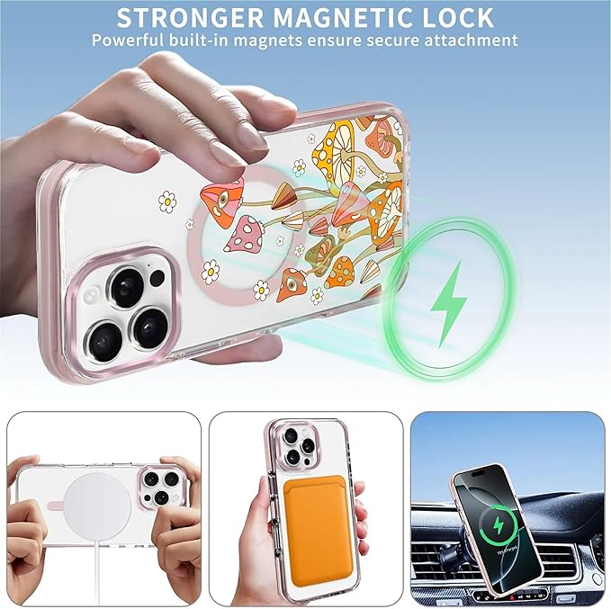 Case for iPhone 16 Pro Max,[Compatible with MagSafe],Retro Mushroom Sunflower Phone Case Design，for Women Girls Magnetic Clear Cover - Slim, Sleek, & Shockproof Protection